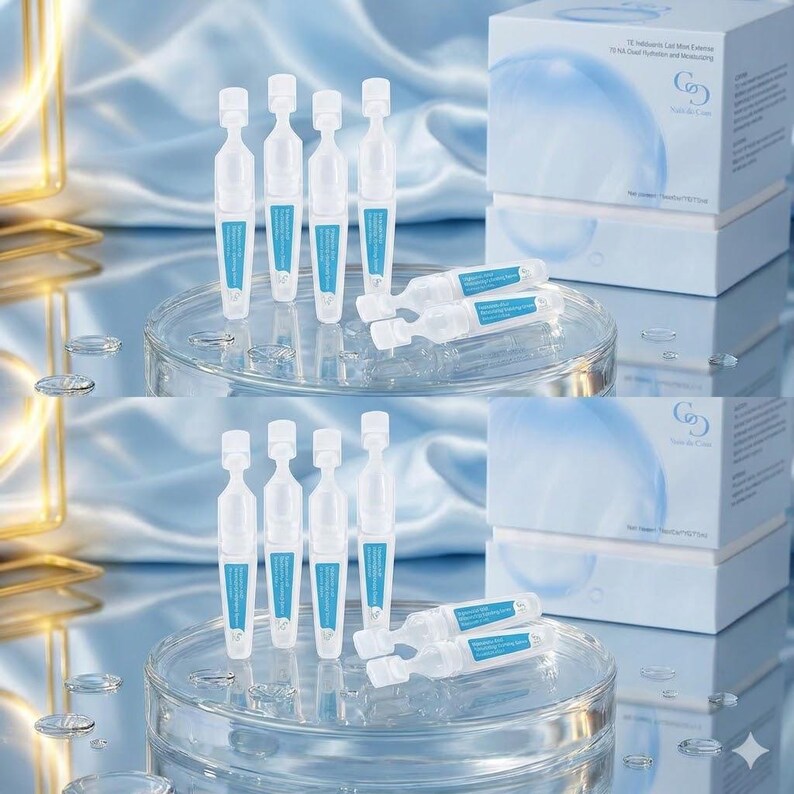 May include: The image showcases skincare products, including small, clear vials with blue labels and a white box. The vials are arranged on a clear, circular surface, with a reflective background. The box features a blue design and text, suggesting a focus on hydration.