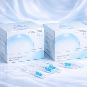 May include: Two white boxes with blue accents and the text "5% Hyronic Acid Moisturizing Serum" and "Hyaluronic Acid Moisturizing Serum". Several clear serum vials with blue labels are in front of the boxes. The background is a light blue, wavy fabric.