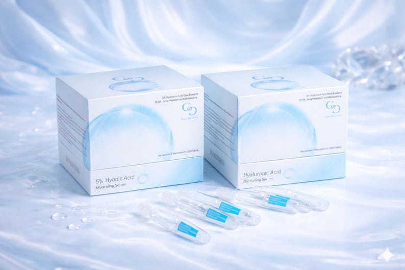 May include: Two white boxes with blue accents and the text "5% Hyronic Acid Moisturizing Serum" and "Hyaluronic Acid Moisturizing Serum". Several clear serum vials with blue labels are in front of the boxes. The background is a light blue, wavy fabric.