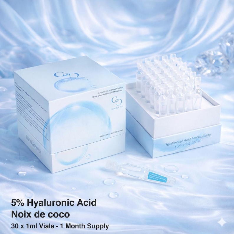 May include: Two white boxes and a clear vial of serum are displayed on a light blue background. The boxes have a blue design and text that reads "5% Hyaluronic Acid Noix de coco". The vial is 1 ml.