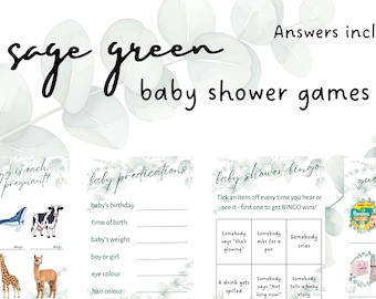 Neutrale Babyparty-Spiele | Druckbare Babyparty-Spiele | Sofort-Download | Minimalistische Babyparty-Spiele | Babyparty in Salbeigrün