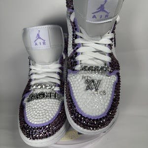 Bedazzled Purple Jordan 1 Mids Custom Rhinestone Sneakers, Bling Nikes, wedding shoes,  prom, sneaker ball, quinceanera