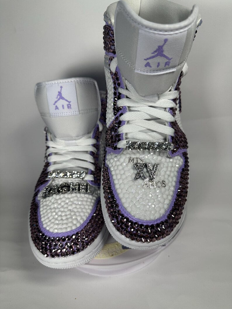 Bedazzled Purple Jordan 1 Mids Custom Rhinestone Sneakers, Bling Nikes, wedding shoes,  prom, sneaker ball, quinceanera