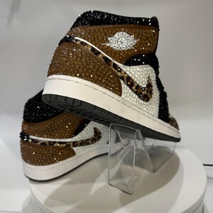leopard print Jordan 1 mids with rhinestones, Bling Nikes, bedazzled trainers,  custom sneakers for prom, bat mitzvah, sneaker ball, wedding, birthday, animal print, hand painted
