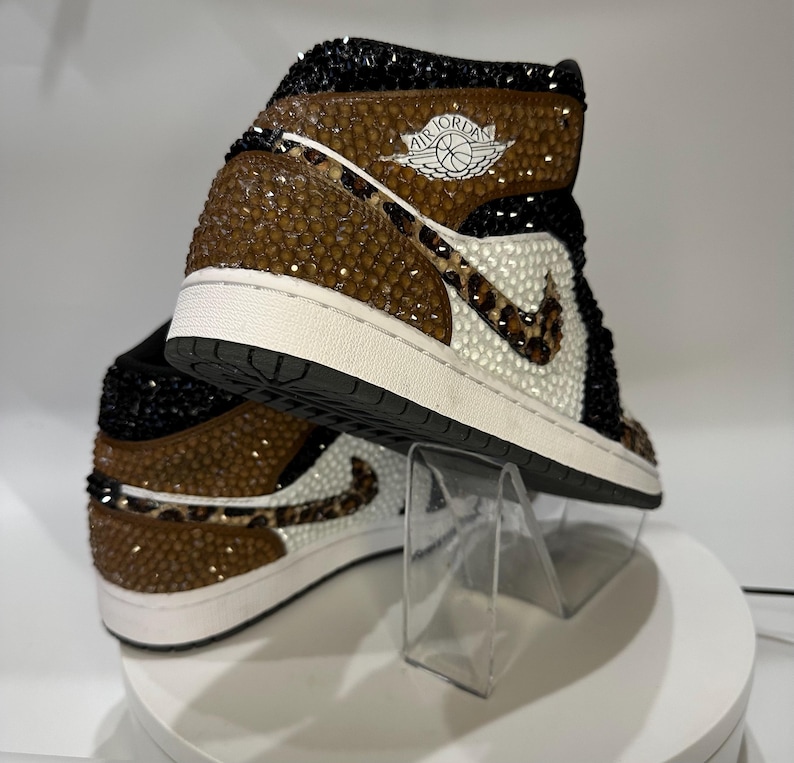 leopard print Jordan 1 mids with rhinestones, Bling Nikes, bedazzled trainers,  custom sneakers for prom, bat mitzvah, sneaker ball, wedding, birthday, animal print, hand painted