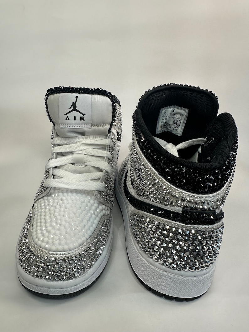 Silver/Black/White Jordan 1 Mids, Bling Rhinestone  bedazzled sneakers, Sneaker Ball, Prom, Formal, Quincenera, wedding sneaker,  groomsmen sneaker, Luxury Nikes, rhinestone shoes, sparkly shoes, custom trainers, Customized Jordans