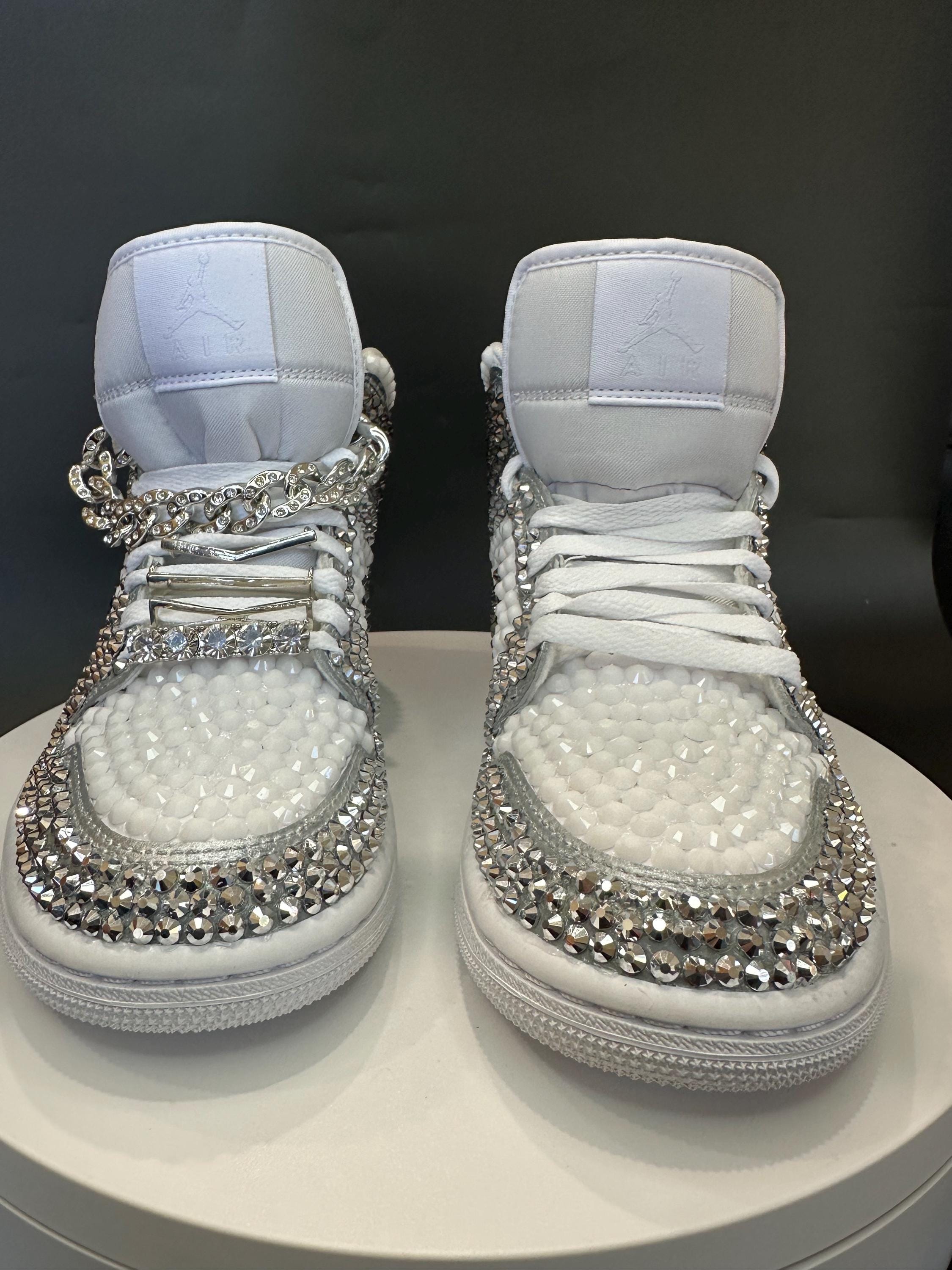 Rhinestone Jordan 1 Mids, White and Silver Custom Rhinestone 