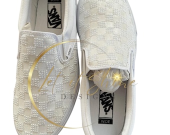 Zapatillas Vans anchas con diseño de cuadros brillantes y diamantes de imitación de perla sin cordones