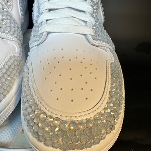 Blinged Jordan 1 Mids, wedding sneaker, bride shoe, groomsmen sneaker, White Nikes, Bedazzled Custom Sneakers, Sneaker Ball, Prom, Quincenera, Luxury Nikes, rhinestone shoes, sparkly shoes, custom trainers, Customized Jordans