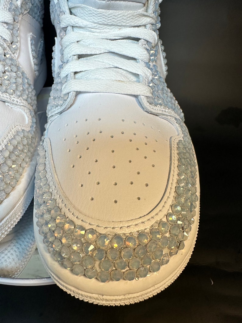 Blinged Jordan 1 Mids, wedding sneaker, bride shoe, groomsmen sneaker, White Nikes, Bedazzled Custom Sneakers, Sneaker Ball, Prom, Quincenera, Luxury Nikes, rhinestone shoes, sparkly shoes, custom trainers, Customized Jordans