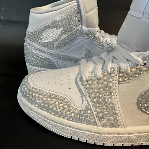 Blinged Jordan 1 Mids, wedding sneaker, bride shoe, groomsmen sneaker, White Nikes, Bedazzled Custom Sneakers, Sneaker Ball, Prom, Quincenera, Luxury Nikes, rhinestone shoes, sparkly shoes, custom trainers, Customized Jordans