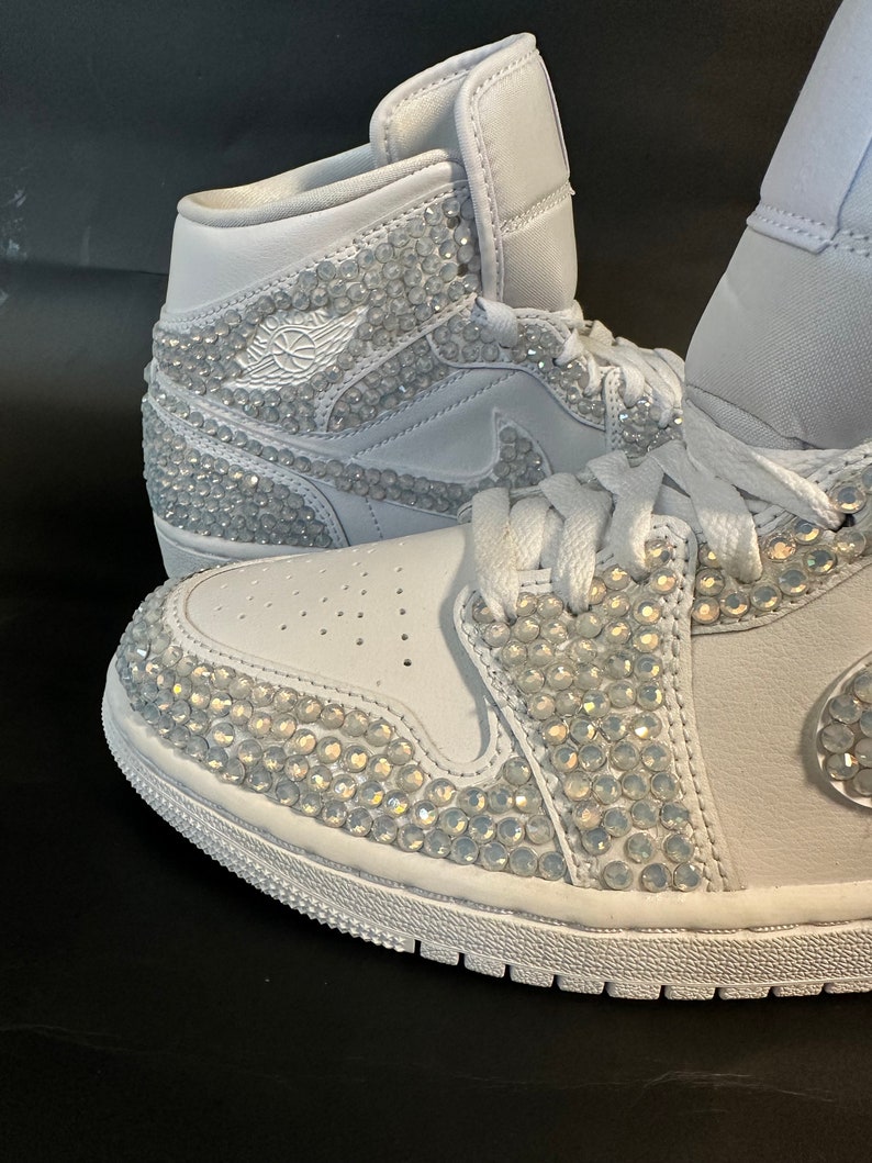 Blinged Jordan 1 Mids, wedding sneaker, bride shoe, groomsmen sneaker, White Nikes, Bedazzled Custom Sneakers, Sneaker Ball, Prom, Quincenera, Luxury Nikes, rhinestone shoes, sparkly shoes, custom trainers, Customized Jordans