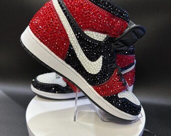 Rhinestone Air Jordan High OG or Mids Red and Black,custom Bling