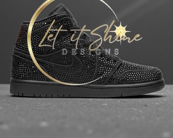 Rhinestone Triple Black Jordan 1 mid, Custom Bling Nikes, Bedazzled Jordans AUTHENTIC