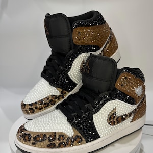 leopard print Jordan 1 mids with rhinestones, Bling Nikes, bedazzled trainers,  custom sneakers for prom, bat mitzvah, sneaker ball, wedding, birthday, animal print, hand painted