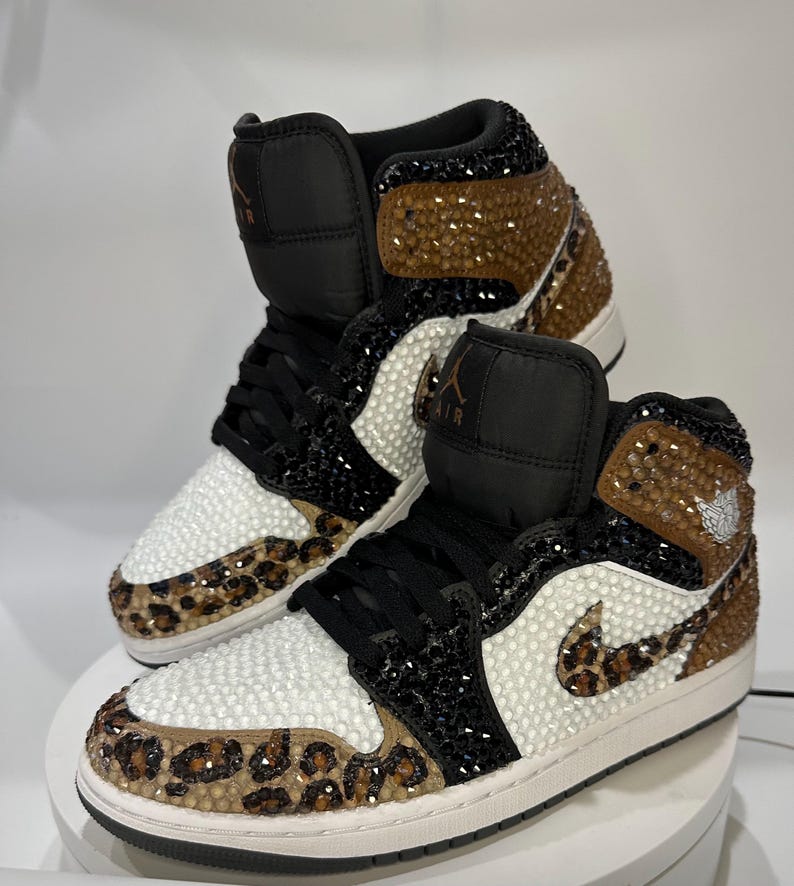leopard print Jordan 1 mids with rhinestones, Bling Nikes, bedazzled trainers,  custom sneakers for prom, bat mitzvah, sneaker ball, wedding, birthday, animal print, hand painted