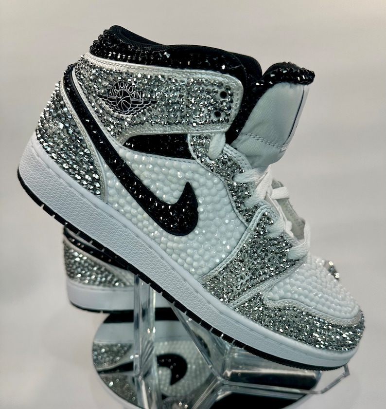 Silver/Black/White Jordan 1 Mids, Bling Rhinestone  bedazzled sneakers, Sneaker Ball, Prom, Formal, Quincenera, wedding sneaker,  groomsmen sneaker, Luxury Nikes, rhinestone shoes, sparkly shoes, custom trainers, Customized Jordans