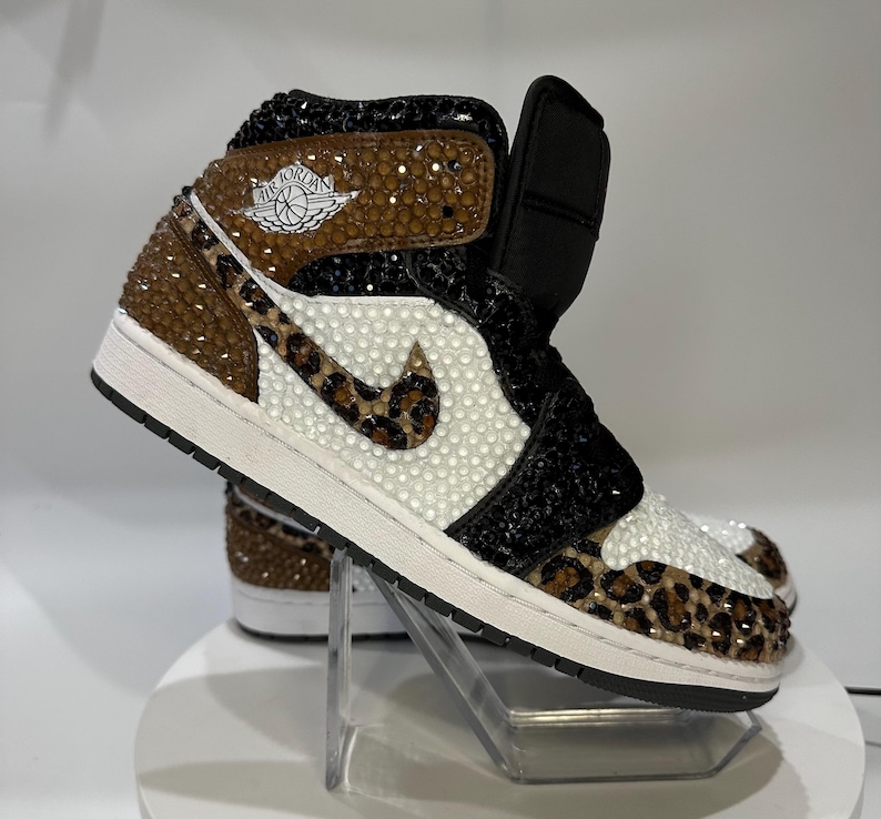 leopard print Jordan 1 mids with rhinestones, Bling Nikes, bedazzled trainers,  custom sneakers for prom, bat mitzvah, sneaker ball, wedding, birthday, animal print, hand painted