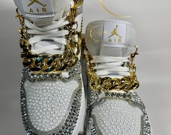 Authentic Fully Blinged Jordan 1 Mids- Ombré Silver & Gold, Custom Rhinestone Sneakers, Bedazzled Nikes, birthday, prom, Toddler Kid Adult