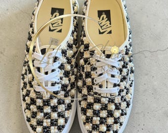 Custom Bling Checkerboard Authentic Vans, Rhinestone Pearl Sneakers