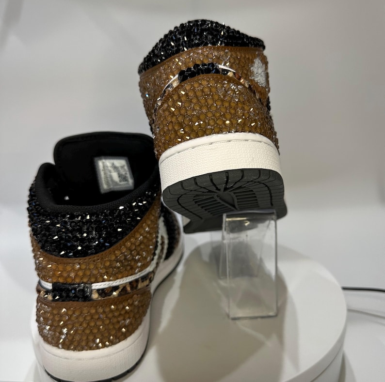 leopard print Jordan 1 mids with rhinestones, Bling Nikes, bedazzled trainers,  custom sneakers for prom, bat mitzvah, sneaker ball, wedding, birthday, animal print, hand painted
