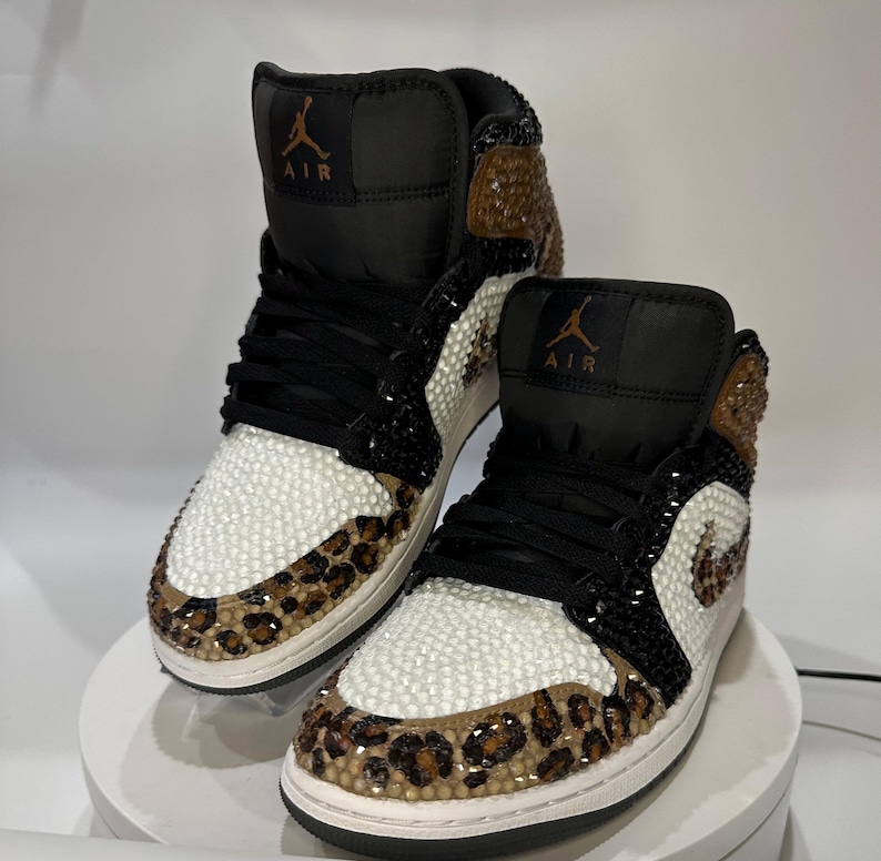 leopard print Jordan 1 mids with rhinestones, Bling Nikes, bedazzled trainers,  custom sneakers for prom, bat mitzvah, sneaker ball, wedding, birthday, animal print, hand painted, cheetah print