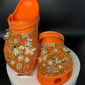 Orange Bling Crocs, custom rhinestone clogs
