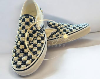 Custom Bling Checkerboard Vans, Rhinestone Pearl Slip-On Sneakers