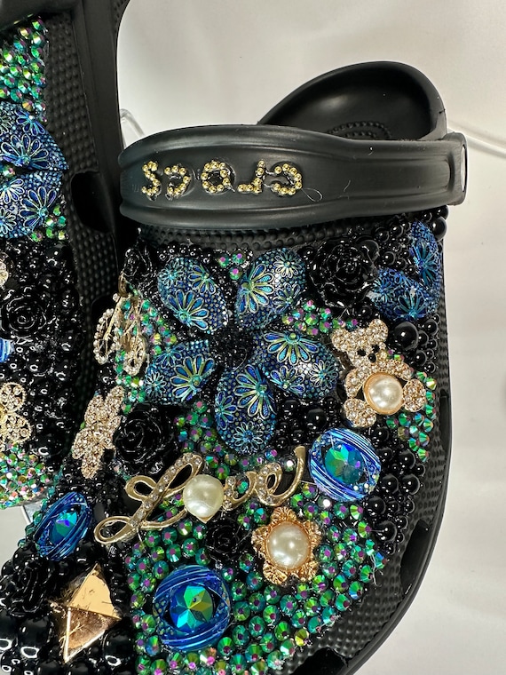 Black Bling Crocs, Custom Teal Rhinestone Clogs, Luxury  display picture 1