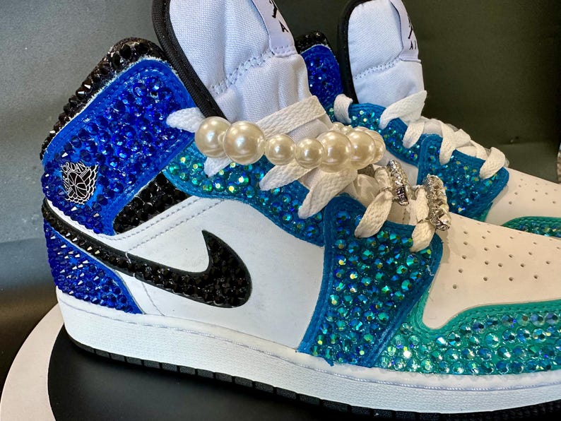 Blinged Jordan 1 Mid,  wedding sneaker,  groomsmen sneaker, Blue Nikes, Bedazzled Custom Sneakers, Sneaker Ball, Prom, Quincenera, Luxury Nikes, rhinestone shoes, sparkly shoes, custom trainers, Customized Jordans, sneaker head, luxury trainers
