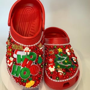 Red Christmas Crocs, custom rhinestone holiday Crocs, red and green clogs