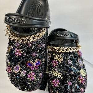 Rhinestone Bling Crocs, black luxury clogs, bedazzled footwear