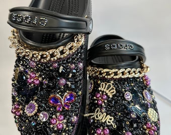 Crocs con strass, zoccoli neri di lusso, calzature abbaglianti
