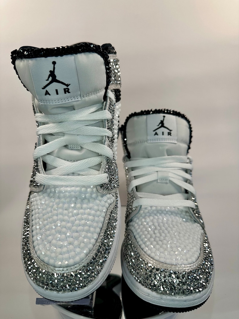 Silver/Black/White Jordan 1 Mids, Bling Rhinestone  bedazzled sneakers, Sneaker Ball, Prom, Formal, Quincenera, wedding sneaker,  groomsmen sneaker, Luxury Nikes, rhinestone shoes, sparkly shoes, custom trainers, Customized Jordans