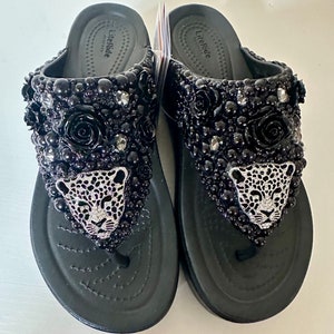 Customized Brooklyn Flip Flop Croc Sandals, luxury sandals, bedazzled footwear, black sandal, white sandal