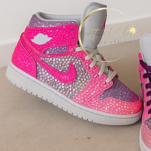 Pink and Purple Jordan 1 Mid Rhinestone Sneakers, Authentic Bedazzled Nike, Bejeweled Trainers, Bling footwear