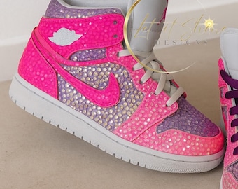 Custom Rhinestone Jordan 1 Sneakers, Pink & Purple, Bejeweled Trainers