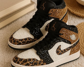 Leopard Bling Jordan 1 Mids, Custom Rhinestone Sneakers, Bedazzled Nikes, animal print