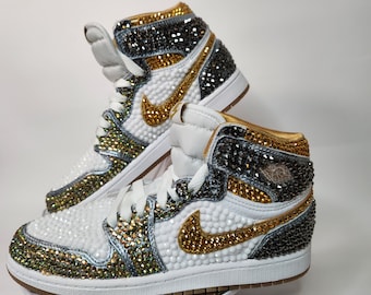 Authentic Fully Blinged Jordan 1 Mids- Custom colors, Rhinestone Sneakers, Bedazzled Nikes, birthday, prom, Sneaker Ball, Toddler Kid Adult