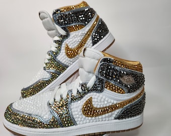 Gold copper silver Bling Jordan 1 Mids- Custom colors, Rhinestone Sneakers, Bedazzled Nikes