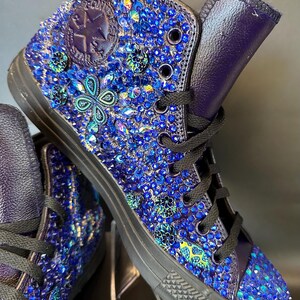 Blue Bling Converse High Tops, Leather, prom, wedding, quinceanera,  custom rhinestone bedazzled sneakers , sneaker ball,  Chuck Taylors