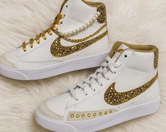 Rhinestone Nike Blazers, Custom Gold Bling Sneakers, Bedazzled Nikes