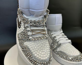 Rhinestone Jordan 1 Mids,  White and Silver Custom Rhinestone Sneakers, Bedazzled Nikes