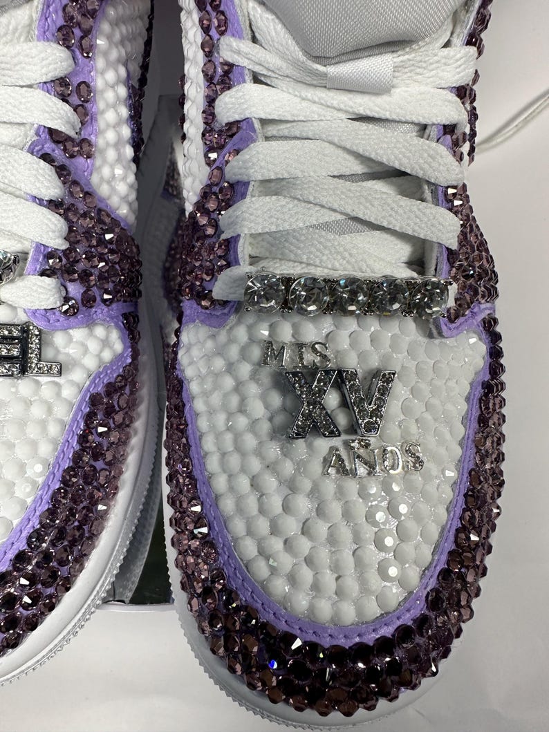 Bedazzled Purple Jordan 1 Mids Custom Rhinestone Sneakers, Bling Nikes, wedding shoes,  prom, sneaker ball, quinceanera