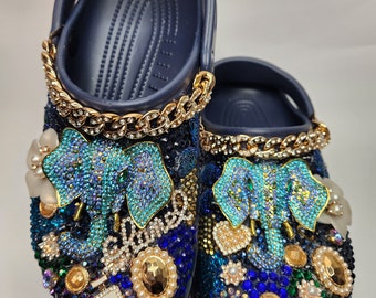 Navy Bling Crocs, zoccoli Elephant personalizzati con strass