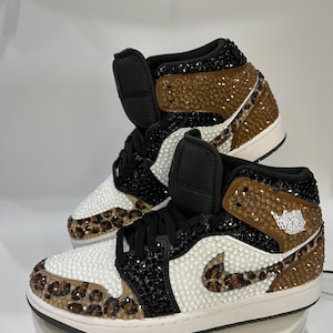 leopard print Jordan 1 mids with rhinestones, Bling Nikes, bedazzled trainers,  custom sneakers for prom, bat mitzvah, sneaker ball, wedding, birthday, animal print, hand painted