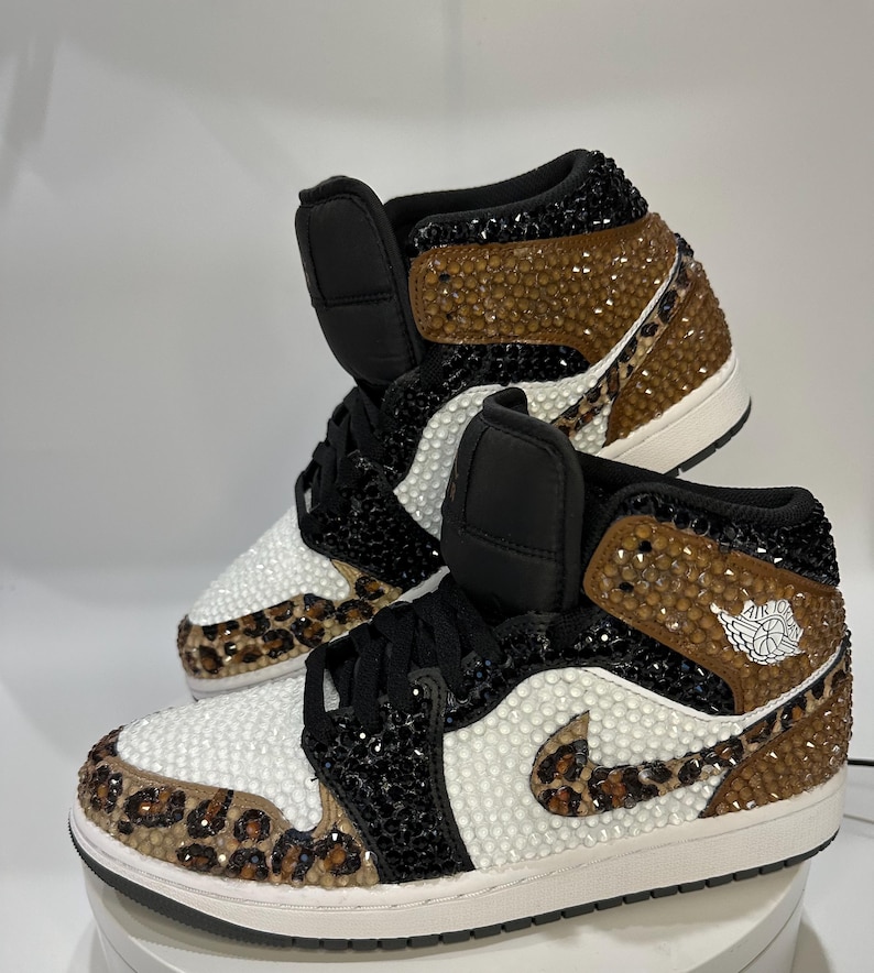 leopard print Jordan 1 mids with rhinestones, Bling Nikes, bedazzled trainers,  custom sneakers for prom, bat mitzvah, sneaker ball, wedding, birthday, animal print, hand painted