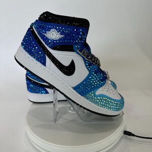 Blue and Black Jordan 1 mids with rhinestones, Bling Nikes, bedazzled trainers,  custom sneakers for prom, bat mitzvah, sneaker ball, wedding, birthday