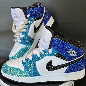 Blue and Black Jordan 1 mids with rhinestones, Bling Nikes, bedazzled trainers,  custom sneakers for prom, bat mitzvah, sneaker ball, wedding, birthday