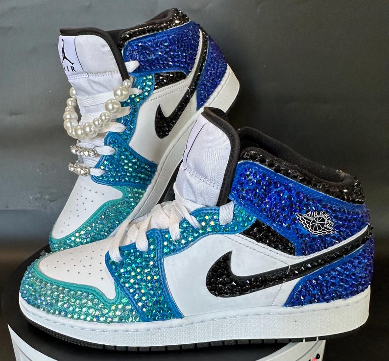 Blue and Black Jordan 1 mids with rhinestones, Bling Nikes, bedazzled trainers,  custom sneakers for prom, bat mitzvah, sneaker ball, wedding, birthday